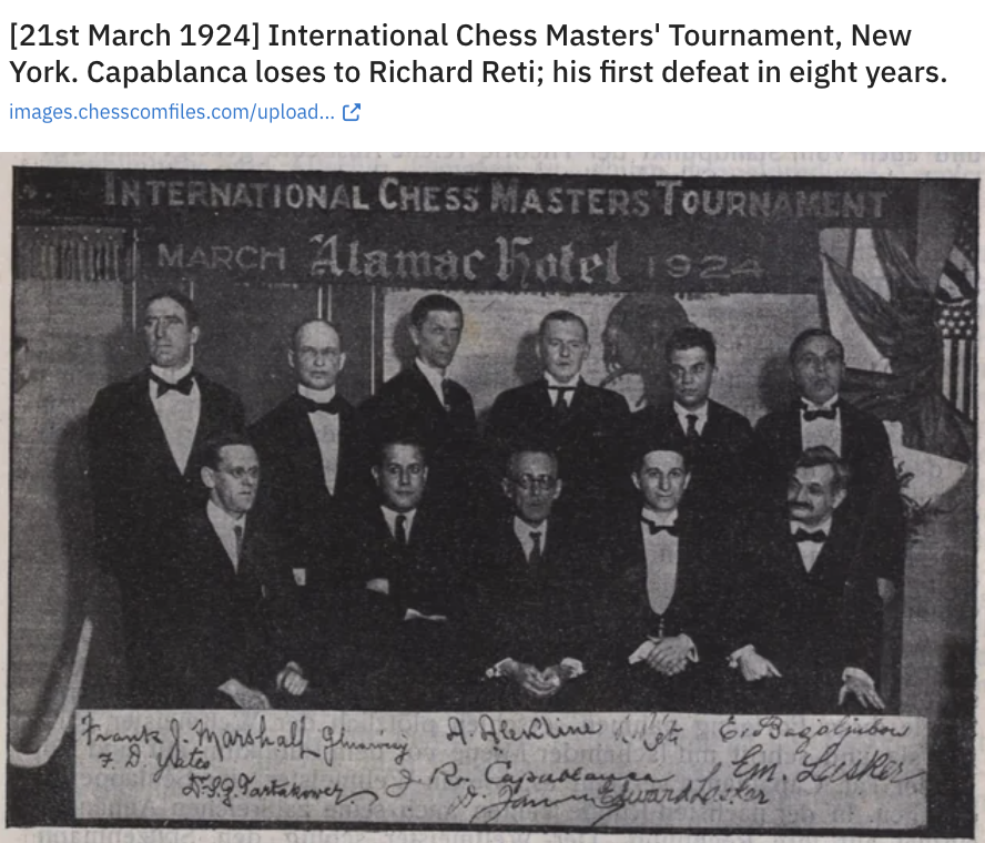 poster - 21st International Chess Masters' Tournament, New York. Capablanca loses to Richard Reti; his first defeat in eight years. images.chesscomfiles.comupload... International Chess Masters Tournament March Alamac Hotel 1924 Franke J. Marshalf glueing